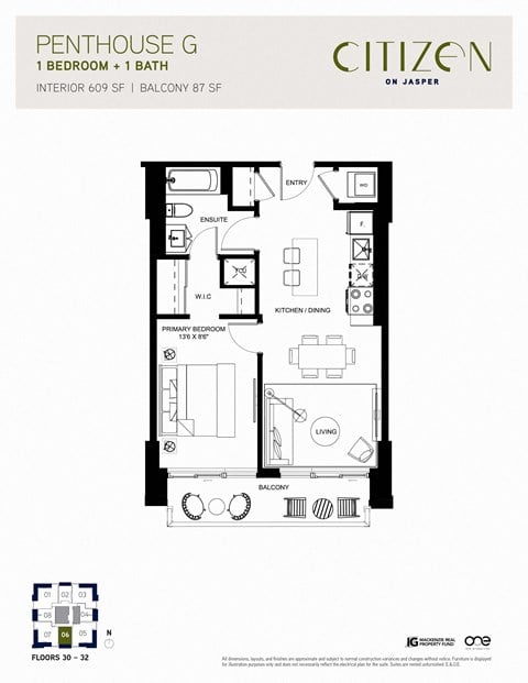 Floor plan for 1 bed, 1 bath, 609 sqft